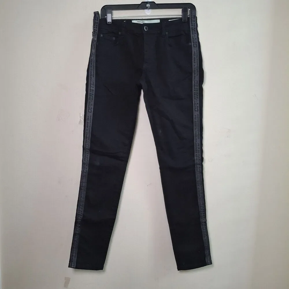 Off White Virgil Abloh Black Denim Slim Fit Jeans 28 Logo Tape Side Stripe ITALY